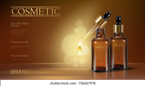 Realistic 3d essence bottle cosmetic ad oil droplet falling pipette. Treatment collagen vitamin serum. Brown translucent glass package golden liquid blank text template banner vector illustration art