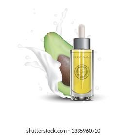 Realistic 3d essential oil cosmetics bottle. Mock up   container, flask, falcon with avocado splash.   Vector illustration. EPS 10