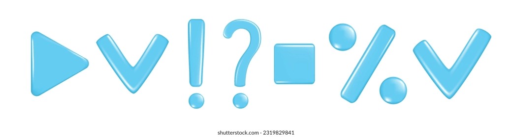 Realistic 3d exclamation mark, question cross, point, percent, play and check sign. Decorative 3d element, attention or caution icon symbol. Abstract vector illustration isolated on white background
