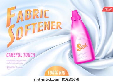 Realistic 3D fabric softener bleach package white silk textile. Product package mockup shiny cotton promotional ad poster template. Light background bright pink plastic bottle vector illustration