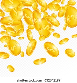 Realistic 3d falling golden coins. Isolated on transparent background. Vector illustration.