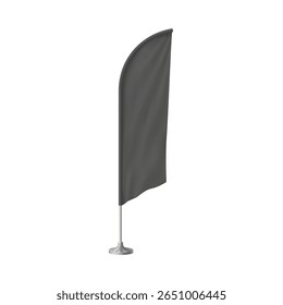 Bandera de plumas 3D realista en el soporte. Maqueta textil para publicidad exterior. Plantilla en blanco negro aislada con pliegues. Promoción, branding, presentación. Ilustración vectorial.