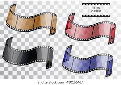  Realistic 3D film. Curved film. Isolated object on a transparent background. Vector illustration.  A set of a film in different colors blue, red, brown, black.