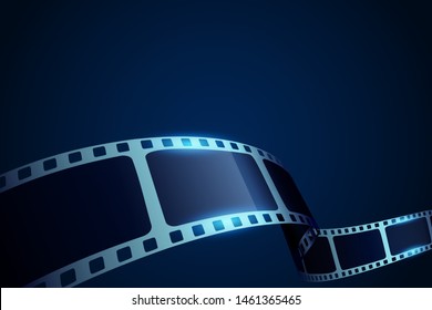 Realistic 3d Film reel stripe cinema on blue background with place for text. Modern 3d isometric film strip in perspective. Vector cinema festival. Movie template for backdrop, brochure, leaflet.