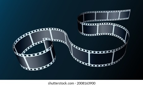 Realistic 3d Film strip cinema on blue background. Cinema Background. Modern 3d isometric film strip in perspective. Art design filmstrip for advertisement. Template for festival poster, banner, flyer