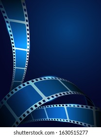 Realistic 3D film strip frame on blue cinema background. Festive design cinema film template with place for text. Vector template movie for advertisement, poster, brochure, banner, flyer, poster.