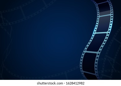 Realistic 3d film strip in perspective. Film reel stripe cinema isolated on blue background. Vector template cinema festival. Movie backdrop for brochure, leaflet, poster, tickets, banner or flyer.