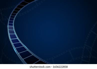 Realistic 3d film strip in perspective isolated on blue backdrop. 3D cinema background for film festival, ticket, banner, flyer. Design film frame with place for text. Template cinematography concept.