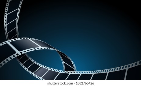 Realistic 3d film strips in perspective. Modern Cinema Background. Template poster for cinema festival. Movie design film strip for advertisement, poster, brochure, banner, flyer. Isometric style.