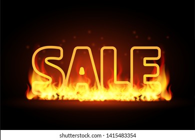 Realistic 3D Fire burning text Sale, special offer banner. Hot red flame glowing on black barckground. For seasonal discount poster, illustration, flyer, black friday advertisement template, shop now