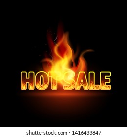 Realistic 3D Fire burning text Hot Sale, special offer banner. Hot red flame glowing on black barckground. For seasonal discount poster, illustration, shopping flyer, black friday advertisement template