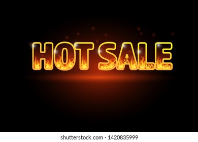 Realistic 3D Fire burning text Hot Sale, special offer banner. Hot red flame glowing on black barckground. For seasonal discount poster, illustration, shopping flyer, black friday advertisement templa