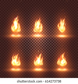 Realistic 3D fire flame images set on checkered background, bonfire signs collection on dark background isolated vector illustration.