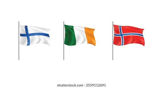 Realistic 3D Flag Flying Finland, Ireland, and Norway. Realistic 3D Flags of Finland, Ireland, and Norway - Flying Flag Illustration for National Design