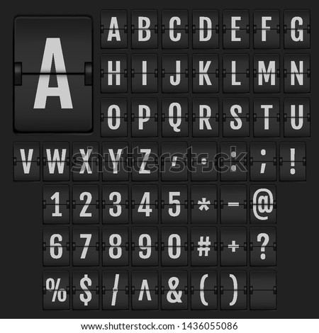 Realistic 3d flip alphabet and numbers. Universal analog boards font on dark background. Vector terminal flip board font for flight destination and timetable.
