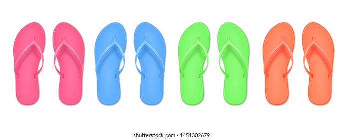 Realistic 3d flip flop set, colored summer slippers. Design template of summer beach. Empty mockup. Vector illustration isolated on white background