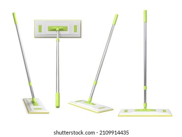 Realistic 3d floor cleaning mop with rag and plastic handle. Home surface clean up tool top and side view for product ad. Mops vector set. Isolated domestic equipment for housework or housecleaning