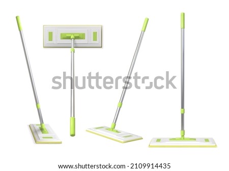 Realistic 3d floor cleaning mop with rag and plastic handle. Home surface clean up tool top and side view for product ad. Mops vector set. Isolated domestic equipment for housework or housecleaning Imagine de stoc © 