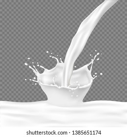 Realistic 3d flow of milk with splatters, yogurt mixing, splash of kefir, liquid drop, milkshake. Dairy and natural vegan drink- Vector