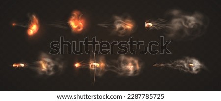 Realistic 3d flying bullets with smoke trace. Gun flashes with fire sparkles isolated on transparent background. Firearm projectiles, blast motion. Pistol shots clouds, muzzle shotgun explosion.