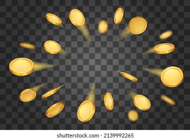 Realistic 3d flying golden coins background, casino jackpot prize concept. Financial wealth symbol. Yellow gold coin explosion. Gambling game winner money vector illustration