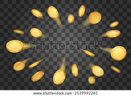 Realistic 3d flying golden coins background, casino jackpot prize concept. Financial wealth symbol. Yellow gold coin explosion. Gambling game winner money vector illustration