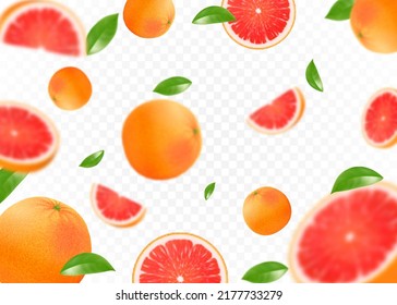 Realistic 3d flying grapefruit. Falling grapefruit on transparent background. Fruit citrus background. Isolated whole and pieces of juicy fruit with leaves . Focused and blurry objects. Vector seamles