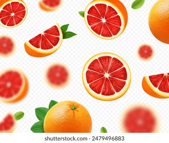 Realistic 3d flying grapefruit. Falling grapefruit. Citrus fruit background. Isolated whole and pieces of juicy fruit with leaves . Blurry effect Vector