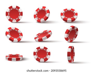 Realistic 3d flying red casino poker game chips. Gambling plastic coins. Jackpot chip tokens for roulette. Vegas pokerchips flip vector set. Chips for gambling casino games illustration