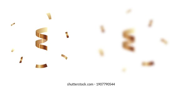 realistischer 3D-Fokus und unscharfer Fliegen und fallende gelbgoldfarbene Konfetti und Serpentine, festliche Vektorgrafik-Bürste, Design-Element einzeln auf weißem Hintergrund