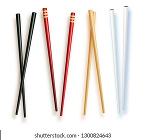 Realistic 3d Food Chopsticks Set Different Types. Vector illustration of Traditional Asian Bamboo Utensils Color Chopstick. Vector illustration 10 eps.