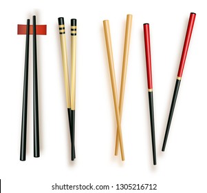 Realistic 3d Food Chopsticks Set Different Types. Vector illustration of Traditional Asian Bamboo Utensils Color Chopstick. Vector illustration 10 eps.