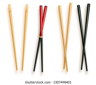 Realistic 3d Food Chopsticks Set Different Types. Vector illustration of Traditional Asian Bamboo Utensils Color Chopstick. Vector illustration 10 eps.