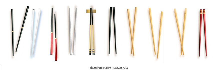 Realistic 3d Food Chopsticks Set Different Types. Vector illustration of Traditional Asian Bamboo Utensils Color Chopstick. Vector illustration 10 eps.