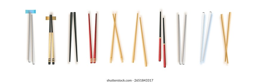 Realistic 3d Food Chopsticks Set Different Types. Vector illustration of Traditional Asian Bamboo Utensils Color Chopstick