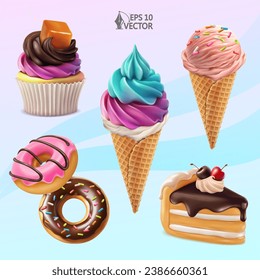 Realistic 3D food illustrations. Caramel and chocolate cupcake, flavored ice cream, glazed donuts, chocolate cherry cake. Vector set of sweet food icons for packaging design