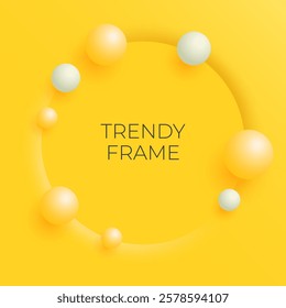Realistic 3d frame. Cool circle stage with bouncing balls. Abstract vector background yellow color