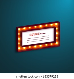 Realistic 3d frame with electric bulbs. Retro light sign, dark blue background. Vector illustration.