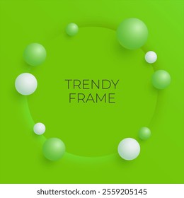 Realistic 3d frame. Green circle stage with bouncing balls. Abstract vector design