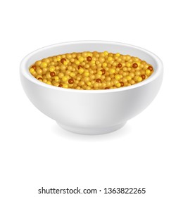 Realistic 3d french whole grain mustard in a round bowl. Yellow sauce isolated on white background. Spicy dressing in ramekin. Side view, realism. Vector design illustration