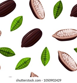 Realistic 3d Fresh Raw Cocoa Beans Seamless Pattern Background on a White with Leaves Plant Ingredient Chocolate Product for Store Design Vector illustration of Cocoa Bean.