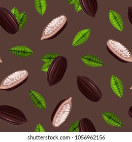 Realistic 3d Fresh Raw Cocoa Beans Seamless Pattern Background with Leaves Plant Ingredient Chocolate Product for Store Design Vector illustration of Cocoa Bean