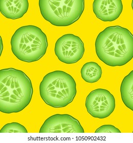 Realistic 3d Fresh Raw Cucumber Slice Seamless Pattern Background for Design Moisturizing Skincare Cosmetic, Medicine Product, Element Nutrition or Shop. Vector illustration