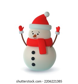 Realistic 3d funny snowman wearing red hat. Merry Christmas and Happy New Year. Vector illustration