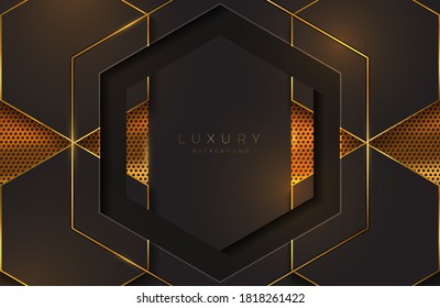 Realistisches 3D-futuristisches Rahmenhintergrund, goldene geometrische Linien Element. Vektor goldene Geometrie Form auf schwarzer Oberfläche. Luxuriöse Elegante Vorlage