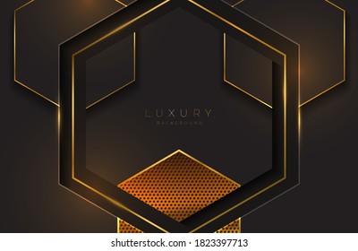 Realistic 3d futuristic frame background gold geometric lines element. Vector golden geometry shape on black surface. Luxurious Elegant template