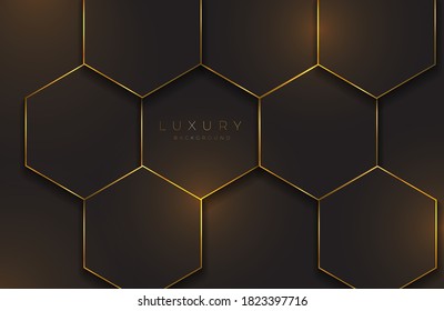 Realistic 3d futuristic frame background gold geometric lines element. Vector golden geometry shape on black surface. Luxurious Elegant template