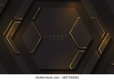 Realistic 3d futuristic frame background black gold geometric element. Vector golden geometry shape on black surface