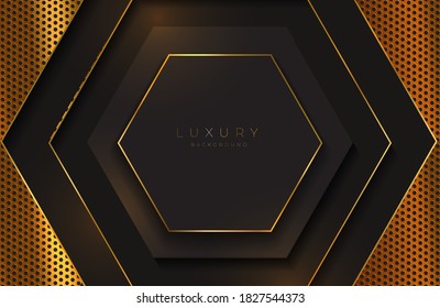 Realistic 3d futuristic frame background black gold geometric element. Vector golden geometry shape on black surface