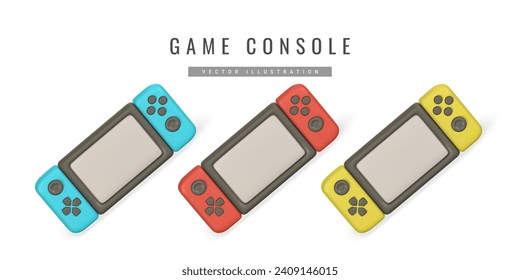 Realistic 3d game console in cartoon style. Pocket device for video games. Vector illustration.